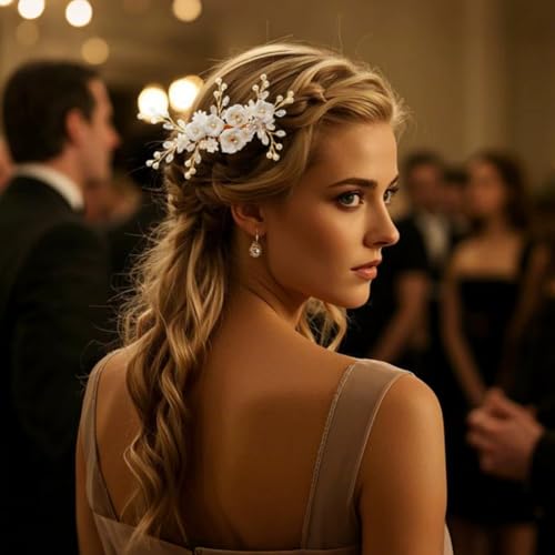 Fancy White Flower Bride Wedding Hair Comb, Handmade Pearl Rhinestone Hair Accessory for Bridal Women (Gold with 5 Flowers) - color: Style 2 (with 5 Flowers)