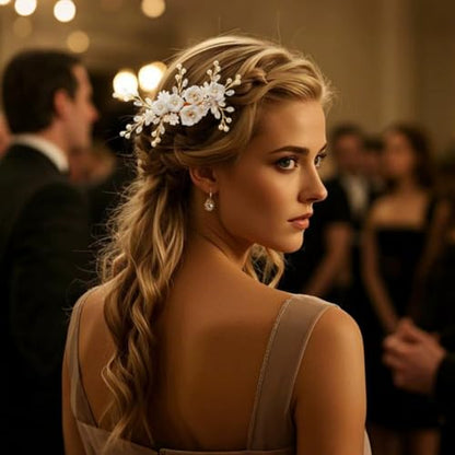 Fancy White Flower Bride Wedding Hair Comb, Handmade Pearl Rhinestone Hair Accessory for Bridal Women (Gold with 5 Flowers) - color: Style 2 (with 5 Flowers)