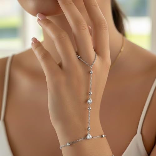 Mchic Hand Chain Tennis Bracelets for Women Trendy: Dainty Diamond Beaded Bracelet 14K Gold Plated/Silver Finger Ring Bracelet Hand Chain Jewelry Adjustable Sparkly Prom Bracelets - color: beaded hand chain silver