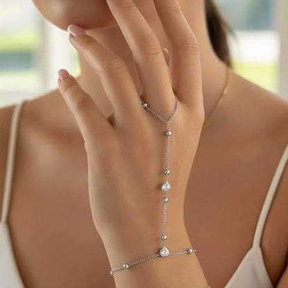 Mchic Hand Chain Tennis Bracelets for Women Trendy: Dainty Diamond Beaded Bracelet 14K Gold Plated/Silver Finger Ring Bracelet Hand Chain Jewelry Adjustable Sparkly Prom Bracelets - color: beaded hand chain silver