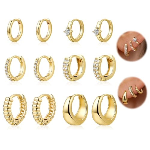 HILXURY 6 Pairs Small Gold Huggie Hoop Earrings for Women, 14K Gold Plated Cartilage Piercings Hoop Earrings Hypoallergenic, Trendy Lightweight Chunky Hoops Set for Women Gifts. - color: D- Gold