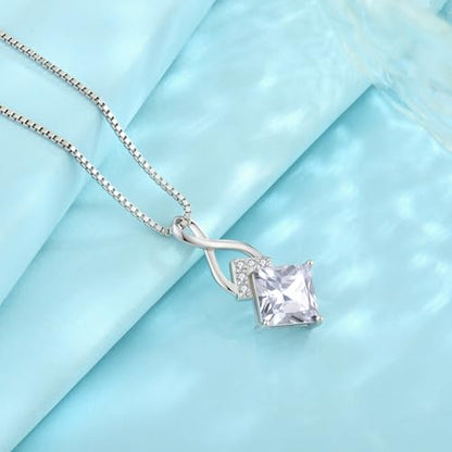Infinity Necklace 925 Sterling Silver Princess Cut Pendant Birthstone Jewelry for Women - color: Clear White