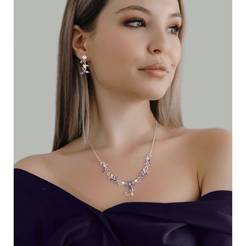 Crysdue Flower Leaf Wedding Jewelry Set for Bridal Bridemaid, Cubic Zirconia Teardrop Elegant Silver/14K/Rose Gold Plated Vine Necklace Dangle Earrings for Prom Party - style: A_Purple