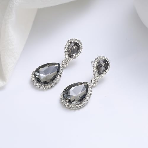 EVER FAITH Women's Austrian Crystal Wedding Tear Drop Dangle Earrings | Bridal Prom Jewelry for Bride Bridesmaid - color: Dark Grey