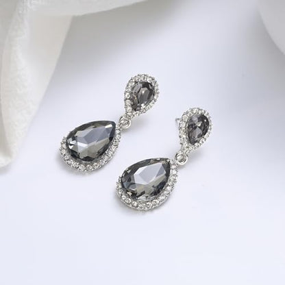 EVER FAITH Women's Austrian Crystal Wedding Tear Drop Dangle Earrings | Bridal Prom Jewelry for Bride Bridesmaid - color: Dark Grey