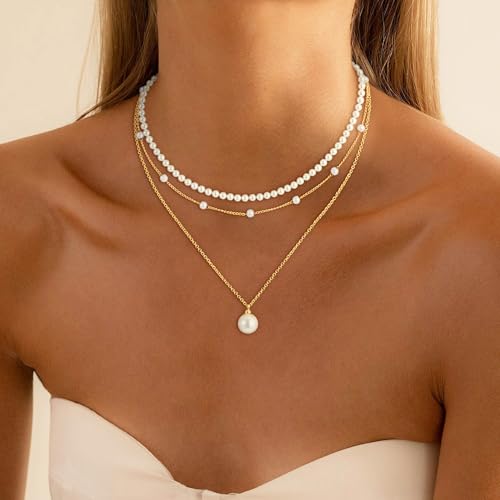 Pearl Necklaces for Women Trendy, 18K Gold/Silver Plated Layered Pearl Necklaces Dainty Pearls Choker Necklace and Earring Set Birthday Gifts for Mom Wife Daughter Sister Friends - color: Gold Pearl Necklace-3pcs