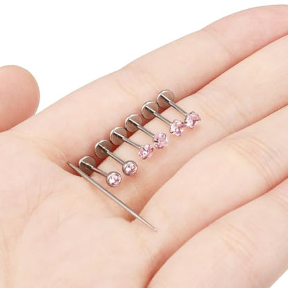 20G 18G 16G F316 Titanium Flat Back Nose Rings Studs Hypoallergenic Screw on Tragus Helix Cartilage Earrings Stud Piercing Jewerly for Women Men Bars 6mm - style: 18G Flat Back Nose Studs-bars 7mm-Pink CZ