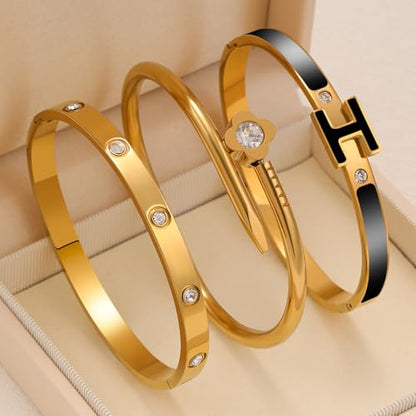 3Pcs Gold Bracelets for Women 14K Gold Plated Love/H/Nail Bangle Bracelet Dainty Non Tarnish Bracelet Jewelry Christmas Mothers Day Gifts for Women - color: 3Pcs Gold/Black H bracelet