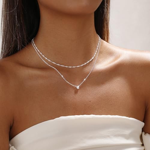 Layered Gold Necklace Set for Women Dainty Waterproof Cute Choker | 14K Gold Plated Minimalist Non Tarnish Lightweight CZ Pendant Pearl Twist Paperclip Chain Jewelry Gifts - style: 2PCS-Dotchain zircon-SL