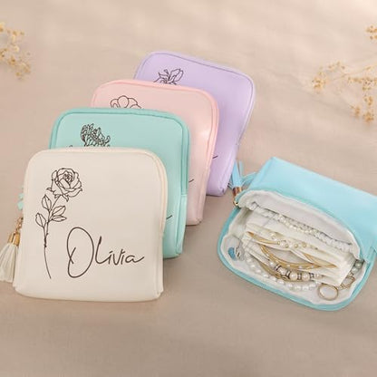 Custom Jewelry Travel Case with Birth Flower Birthday Gifts for Mom Girlfriend Wife,Leather Jewelry Pouch Bags with Name Small Jewelry Organizer for Teacher Appreciation Gifts - color: Birth Flower