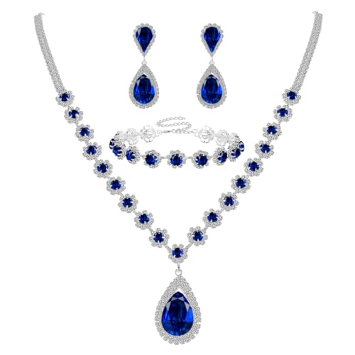 Silver Plated Necklace Earrings Bracelet Crystal Bridal Wedding Jewelry Sets for Wedding princess birthday party Halloween Prom Pageant Jewelry - color: 1-blue