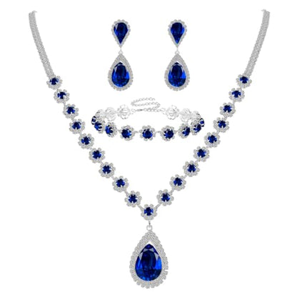 Silver Plated Necklace Earrings Bracelet Crystal Bridal Wedding Jewelry Sets for Wedding princess birthday party Halloween Prom Pageant Jewelry - color: 1-blue
