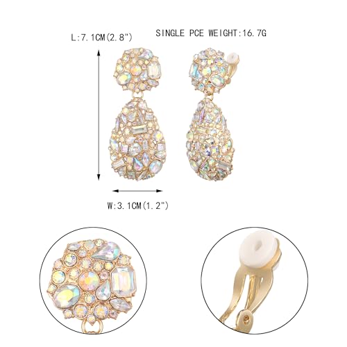 EVER FAITH Glamour Rhinestone Statement Clip-on Earrings, Fashion Chic Art Deco Sparkly Marquise Water Drop Crystal Dangle Earrings for Women - color: Iridescent AB Gold-Tone
