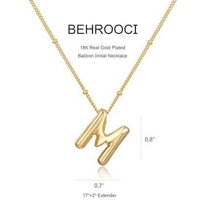 Gold Bubble Initial Necklace for Women Balloon Letter Necklace 18K Gold Plated Dainty Alphabet Pendant Puffy Name Personal Necklace - color: M