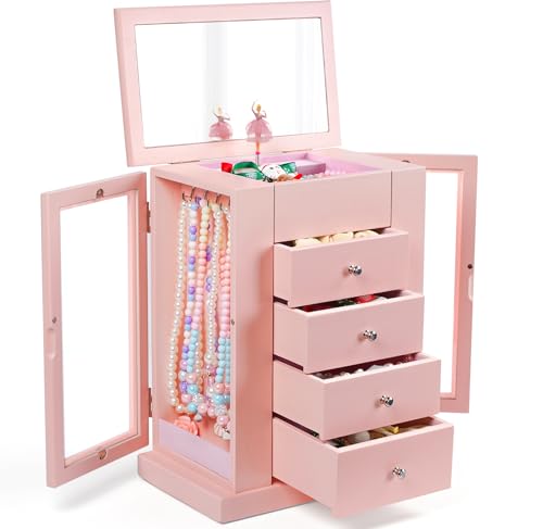 Emfogo Jewelry Box for Girls, Musical Jewelry Box with Spinning Dancer Gifts for Little Girls Christmas New Year Birthday Children's Day, 5 Layer Large Wooden Kids Music Jewelry Organizer Box(Pink) - color: Pink