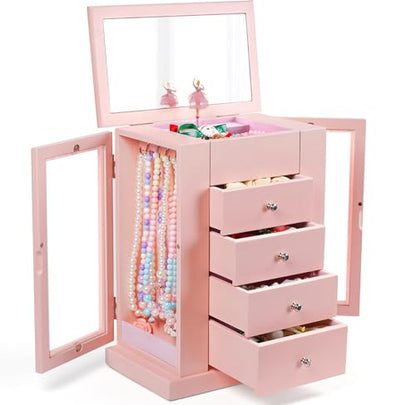 Emfogo Jewelry Box for Girls, Musical Jewelry Box with Spinning Dancer Gifts for Little Girls Christmas New Year Birthday Children's Day, 5 Layer Large Wooden Kids Music Jewelry Organizer Box(Pink) - color: Pink