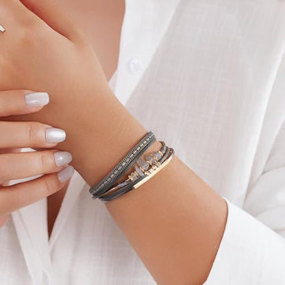 Boho Gemstone Beaded Leather Wrap Bracelets Stackable Chunky Cuff Bracelet Western Jewelry Cowboy Chic Country Concert Outfits for Women - color: Grey