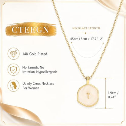 14K Gold/Silver Plated Cross Necklace for Women White Enamel Pendant | Unique Brass Irregular Disc Cross, Dainty Minimalist Faith Jewelry for Everyday Wear, Comes in a Beautiful Box - style: gold style1