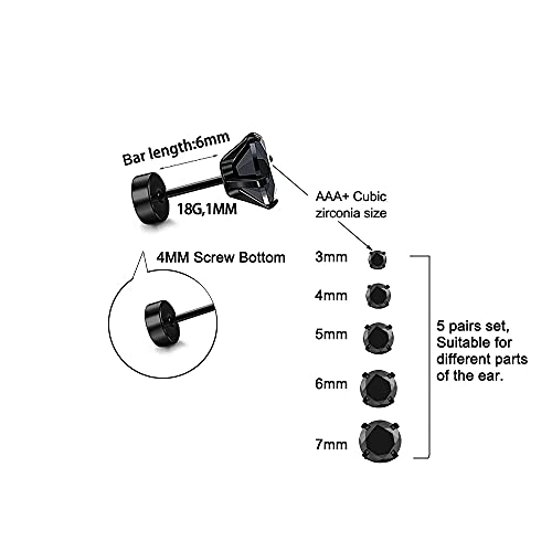 Stud Earrings Set 316L Stainless Steel Hypoallergenic Earrings for Women Men Earrings 3-7mm Cubic Zirconia Earrings Tragus Cartilage Helix Lobel Ear Studs 20G,Pack of 5 Pairs - color: C02:5Pairs(BLACK)