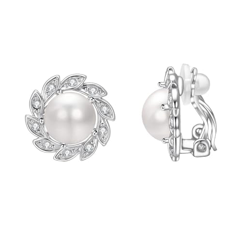Vintage Pearl Clip On Earrings for Women Silver Rhinestone Earrings