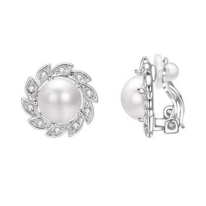 Vintage Pearl Clip On Earrings for Women Silver Rhinestone Earrings