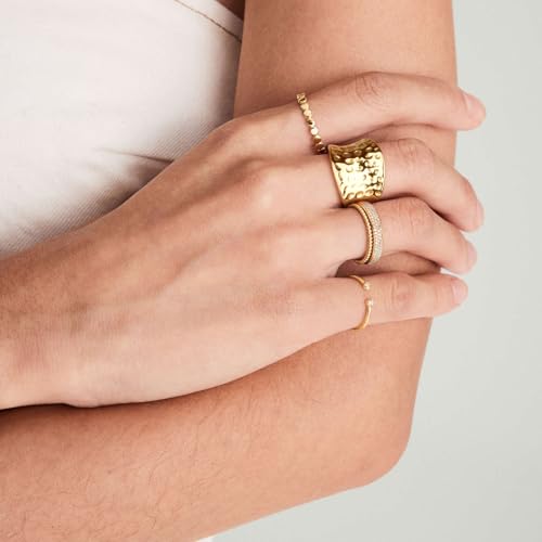Wide Statement Hammered Band Rings for Women and Men，High 14K Gold Plated Polish Large Thumb Index Full Finger Rinds Size 5-10（Gold and Silver） - color: Gold