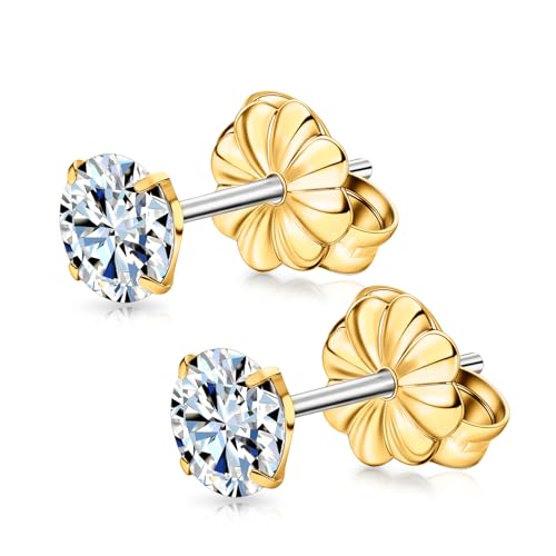 Limerencia Moissanite Stud Earrings, F136 Titanium Screw Back Earrings, D Color VVS1 Clarity Lab-created Moissanite Earrings, Hypoallergenic G23 Pure Titanium for Women Men Sensitive Ears - color: Gold B, size: 5mm