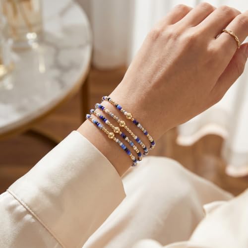 Seed Beaded Stack Bracelets Set for Women,Small Boho 4Pcs Colorful Handmade Dainty Trendy Gold Stretch Accessories Jewelry, Summer Daily Party Friendship Gift - color: Royal Blue