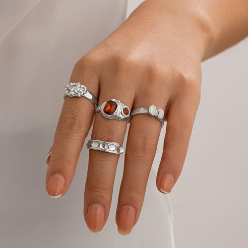 Chunky Knuckle Rings Set for Women Gold Irregular Chunky Ring Set Adjustable Open Knuckle Stacking Rings Dainty Crystal Rings Set Gold Silver Liquid Irregular Ring Set Y2k Statement Ring Unique Ring Jewelry - color: Silver1