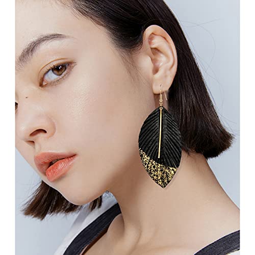 Bohemian Handmade Lightweight Color Large Genuine Soft Leather Fringe Feather Leaf Tear Dangle Drop Earrings for Women Statement - color: 2-Black