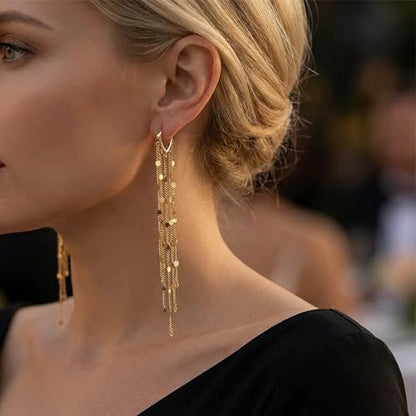 Gold Chandelier Earrings for Women, Long Tassel Earrings Dangle Drop with Secure Huggie Hoop, Lightweight Formal Earrings Chain Fringe Statement Jewelry for Prom Wedding Party (Gold)