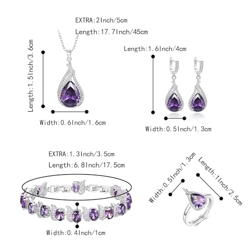 Jewelry Set for Bride, Sparkling Water Drop Cubic Zirconia Crystal Pendant Necklace Leverback Earrings Tennis Bracelet Adjustable Ring Gift for Wedding/Birthday/Mother's Day/Christmas - color: 18-Purple