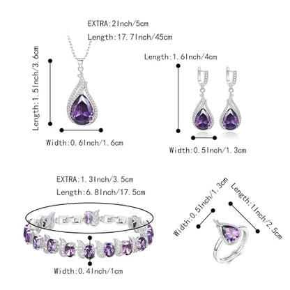 Jewelry Set for Bride, Sparkling Water Drop Cubic Zirconia Crystal Pendant Necklace Leverback Earrings Tennis Bracelet Adjustable Ring Gift for Wedding/Birthday/Mother's Day/Christmas - color: 18-Purple