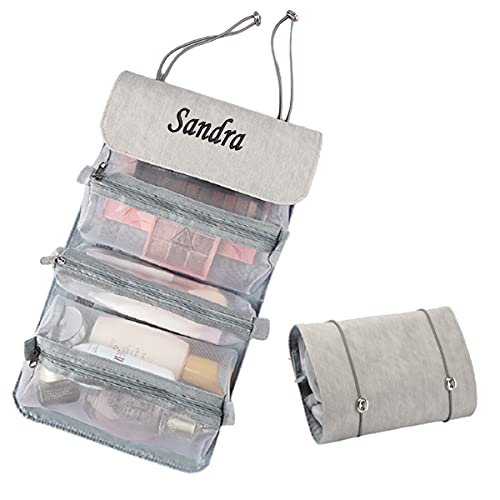 Personalized Toiletry Bag Embroidery Roll-Up Cosmetic bag Foldable Portable Travel Organizer Custom Women's Cosmetic Makeup Kits for Women Waterproof (Gray) - color: Gray