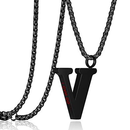 Initial 26 Letter A to Z Pendant Necklace for Teen Women Men 24" Chain | Large Alphabet Letter Personalized Charm Pendant,Engraving Red 'I CAN DO ...' on Back - style: V