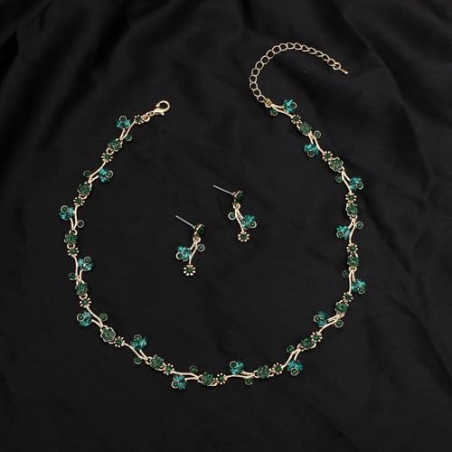 Elegant Brides Austrian Crystal Flower Choker Necklace Drop Dangle Earring Bracelet Wedding Jewelry Set for Bridesmaid Prom Costume Jewelry Set for Women - color: Emerald-Gold Plated