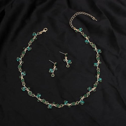 Elegant Brides Austrian Crystal Flower Choker Necklace Drop Dangle Earring Bracelet Wedding Jewelry Set for Bridesmaid Prom Costume Jewelry Set for Women - color: Emerald-Gold Plated
