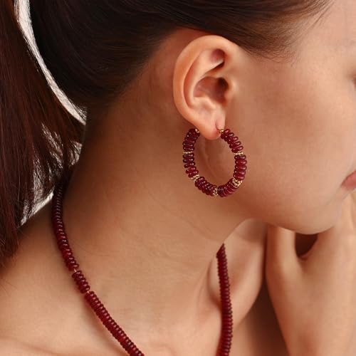 Wellike Beaded Hoop Earrings for Women Natural Stone Pink Gold Huggie Earrings Hypoallergenic Dainty Waterproof Trendy Jewelry - color: Burgundy, size: 40mm