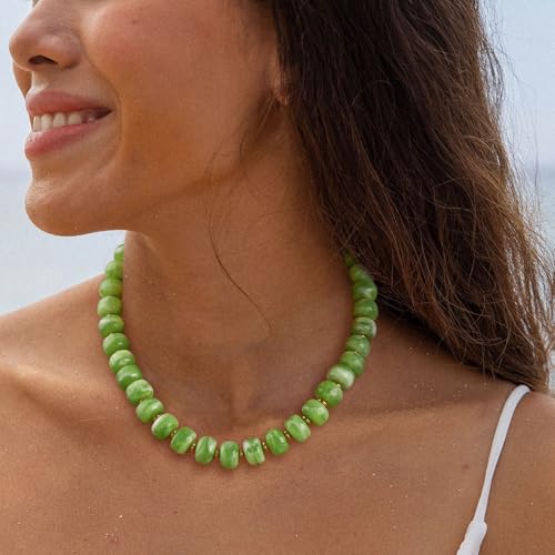 Beaded necklace for Women Boho Bead Gemstone Chunky Necklace Big Bead Necklace Fashion Trendy Summer Necklaces Jewelry Gifts - color: Olive Green Beaded