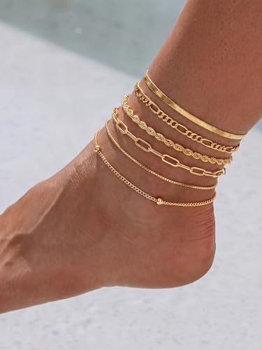 14K Gold/Silver Plated Anklets for Women Layered Anklet Set | Non Tarnish Waterproof Brass Ankle Bracelet, Adjustable Lightweight Dainty Hypoallergenic Chain, Beach Vacation Summer Gift - style: Style4