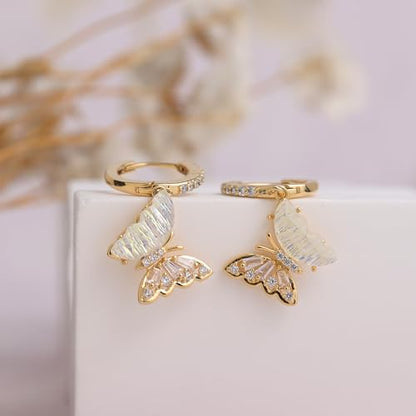 Sonateomber Gold Silver Small Hoop Dangle Earrings for Women, Trendy Dainty Rhinestone CZ Dangling Prom Wedding Leaf Flower Snowflake Butterfly Starfish Fashion Jewelry Gift - color: Rainbow butterfly