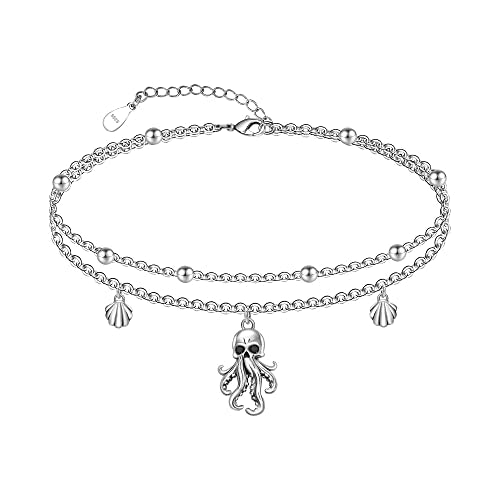 CHIC & ARTSY 925 Sterling Silver Ankle Bracelets for Women, Adjustable Layered Foot Chains with Nature & Symbol Charms, Lightweight Comfort Fit Boho Beach Everyday Jewelry - color: 2# Octopus Anklet