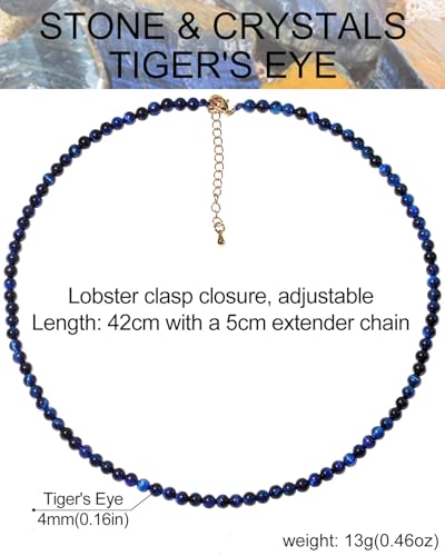 Simple 4mm Gemstones and Crystals Choker Necklace Unisex 16"-18" | Necklaces for Women Men, Adjustable, 40-45 cm Chain Length, Handmade, Spiritual Gemstones, Positive Energy, Daily Wear - style: Blue Tiger's Eye