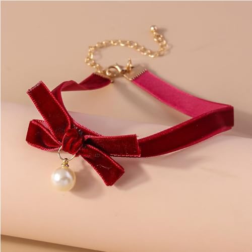 Bow Necklace for Women Red Bow Velvet Choker Necklace Black Ribbon Pearl Pendant Necklace Cute Bow Knot Necklace for Christmas Gifts - color: Bow Red