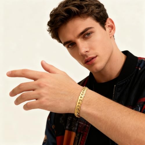 CaptainSteeL Cuban Bracelet for Men Stainless Steel Chain Link Bracelet | 8mm Width,7/7.5/8/9 Inch Length, Silver/18K Gold Plated,Men Bracelet,Waterproof Bracelet,Bithday ,Christmas gift - color: Dense Chain Gold Plate, size: 8in