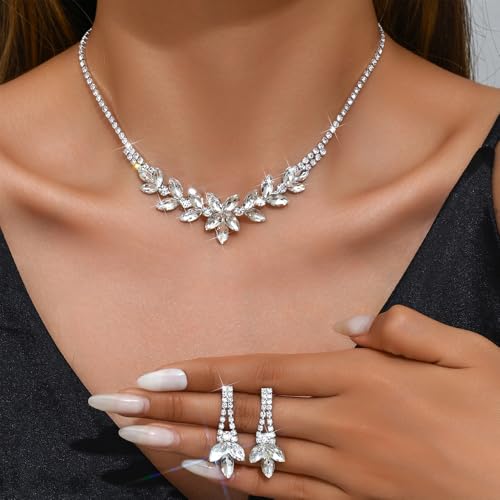Elegant Rhinestone Flower Bridal Jewelry Set for Women Sparkling Crystal Cubic Zirconia Floral Leaf Adjustable Chain Choker Necklace Drop Dangle Earrings Set Wedding Prom Party Fashion Jewelry