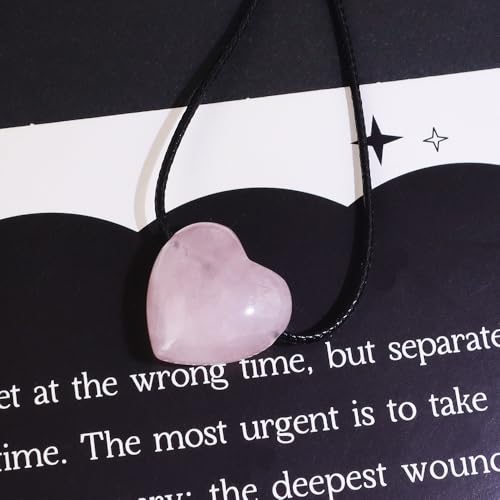weryerker Natural Gemstone Heart Pendant Necklace Healing Crystal Heart Charm Necklace Adjustable Waxed Black Rope for Women - color: Rose Quartz