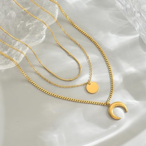 18K Gold Plated Layered Herringbone Necklaces for Women Dainty Layering Beaded Snake Chain Choker Moon Coin Pendant Necklace Trendy Stainless Steel Jewelry - color: Trible Moon Coin-Gold