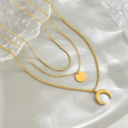 18K Gold Plated Layered Herringbone Necklaces for Women Dainty Layering Beaded Snake Chain Choker Moon Coin Pendant Necklace Trendy Stainless Steel Jewelry - color: Trible Moon Coin-Gold