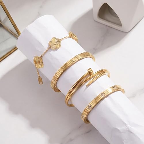 Stackable Gold Bracelets for Women - 4 Sets, 18K Gold Plated Bracelets, Stainless Steel Bangle Bracelets Non-Tarnish, Stylish Gold Jewelry Ensemble, Valentine's Day, Birthday and Christmas Jewelry Gifts - color: A1-(Gold 4Sets)